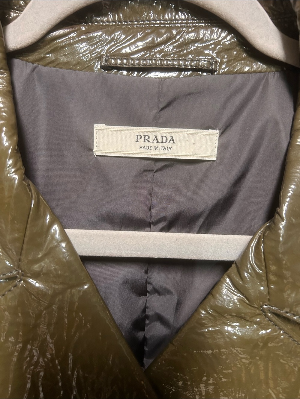 Authentic Prada elephant grey (green)Patent Trench Coat with flaws - Picture 5 of 16